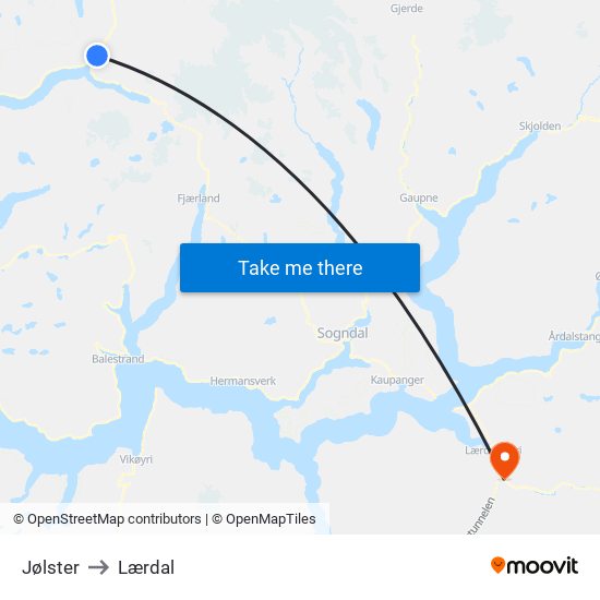 Jølster to Lærdal map