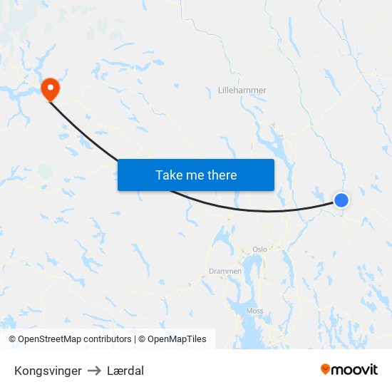 Kongsvinger to Lærdal map