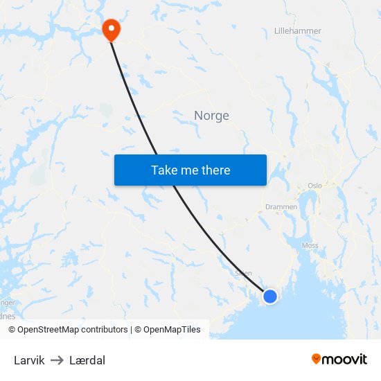 Larvik to Lærdal map