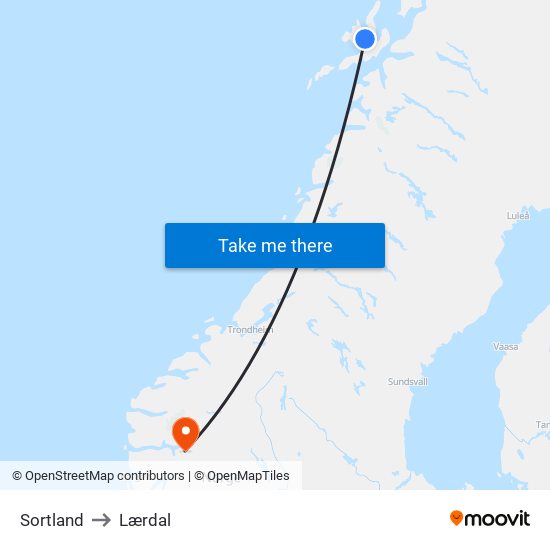 Sortland to Lærdal map