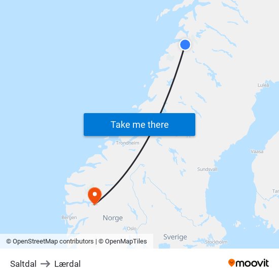 Saltdal to Lærdal map