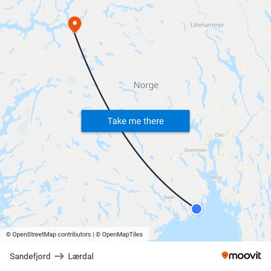 Sandefjord to Lærdal map