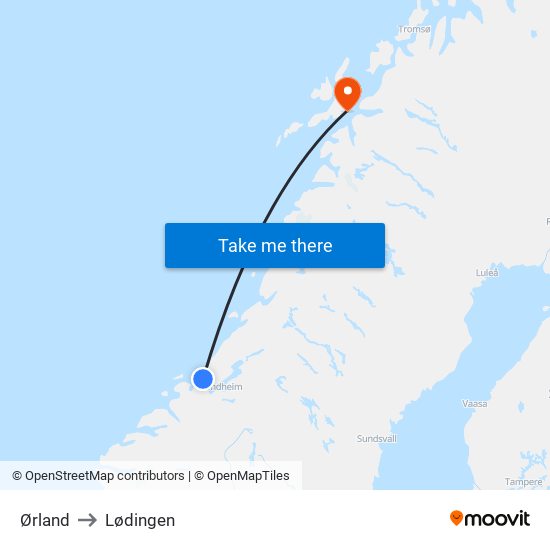 Ørland to Lødingen map