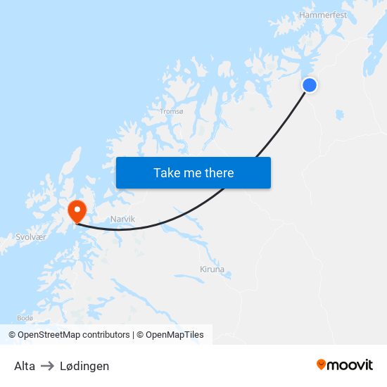 Alta to Lødingen map