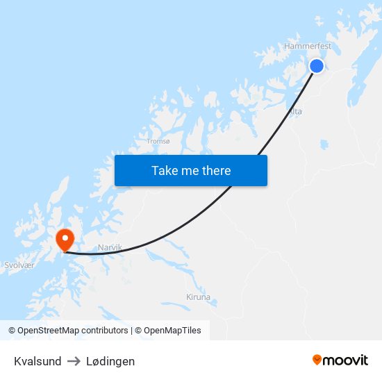 Kvalsund to Lødingen map