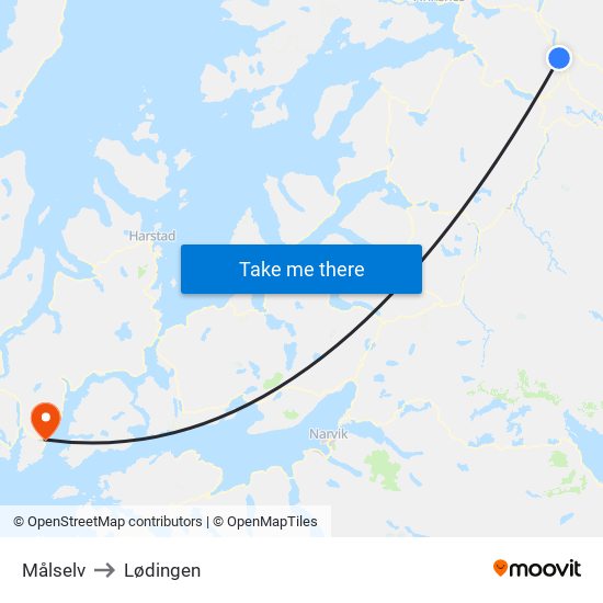 Målselv to Lødingen map