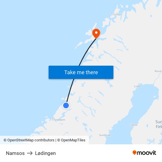 Namsos to Lødingen map