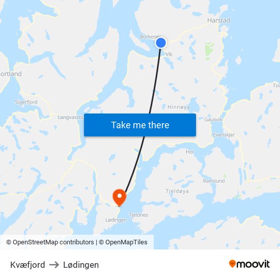 Kvæfjord to Lødingen map