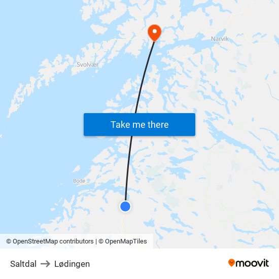 Saltdal to Lødingen map