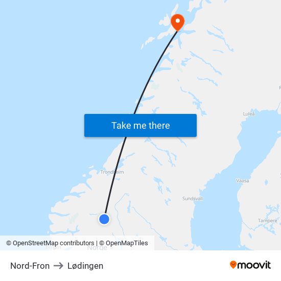 Nord-Fron to Lødingen map