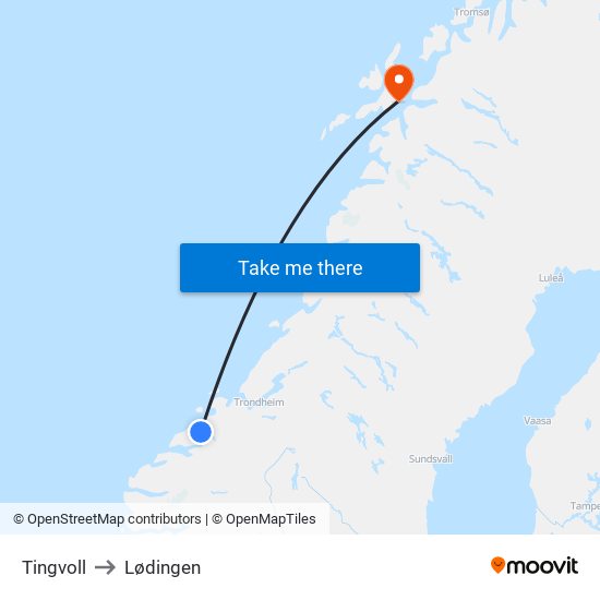 Tingvoll to Lødingen map