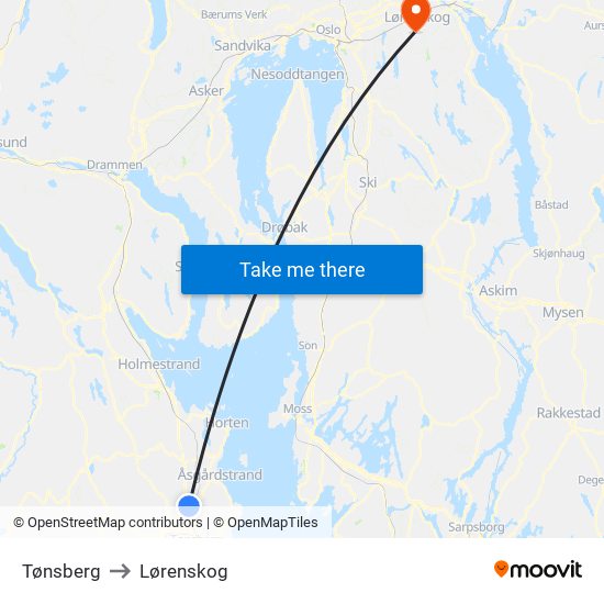 Tønsberg to Lørenskog map