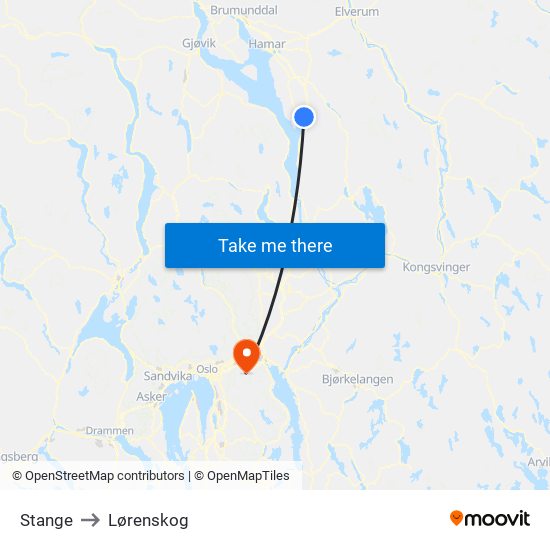 Stange to Lørenskog map