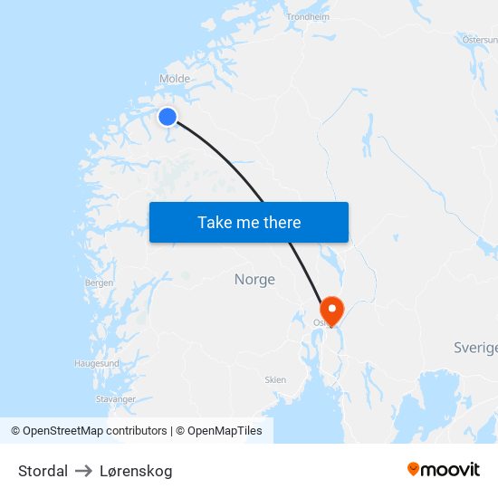 Stordal to Lørenskog map