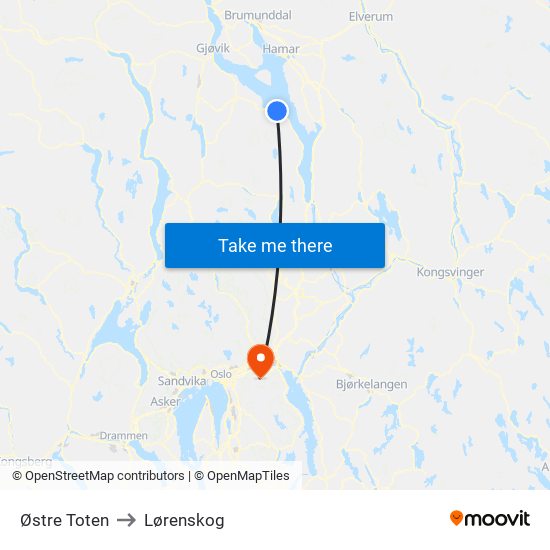Østre Toten to Lørenskog map