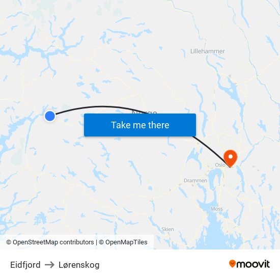 Eidfjord to Lørenskog map