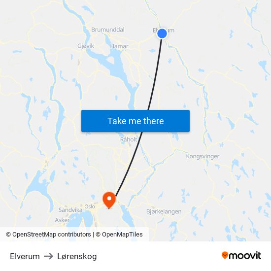 Elverum to Lørenskog map