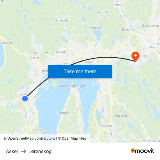 Asker to Lørenskog map