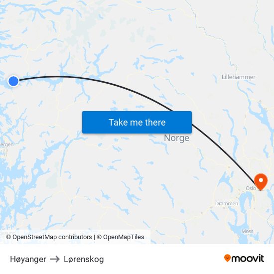 Høyanger to Lørenskog map