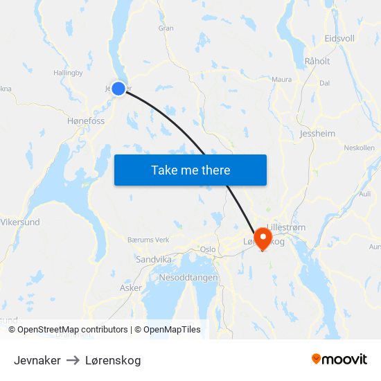 Jevnaker to Lørenskog map