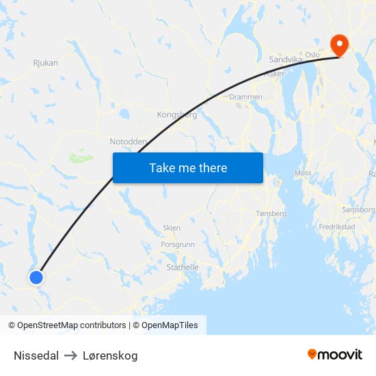 Nissedal to Lørenskog map