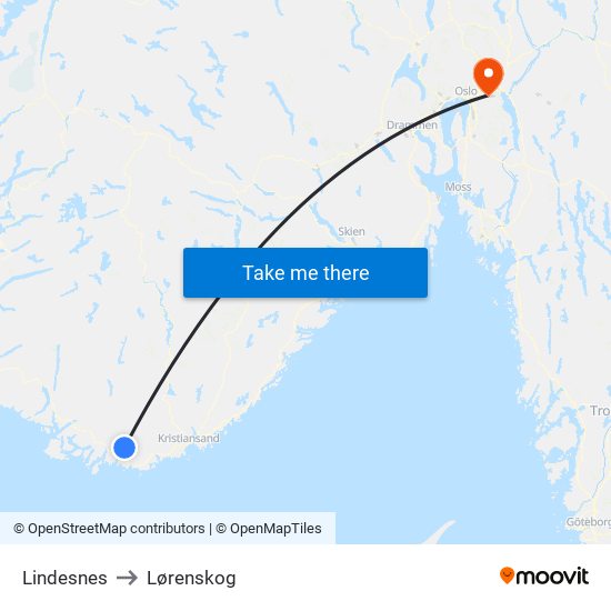 Lindesnes to Lørenskog map