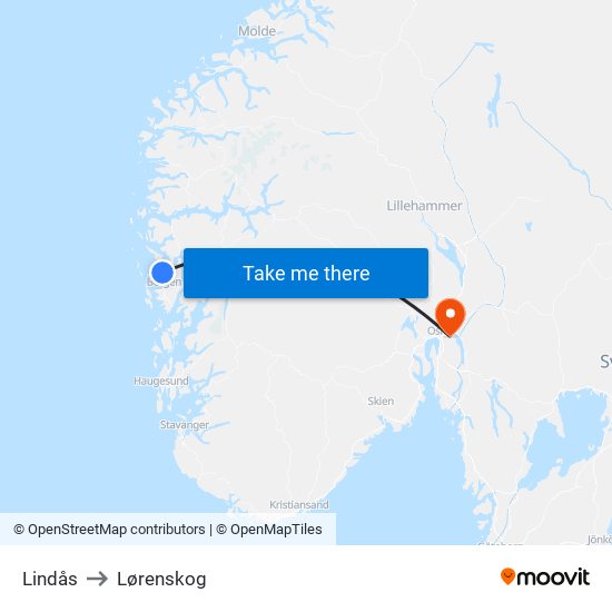 Lindås to Lørenskog map