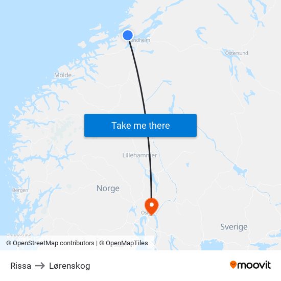 Rissa to Lørenskog map