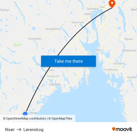 Risør to Lørenskog map