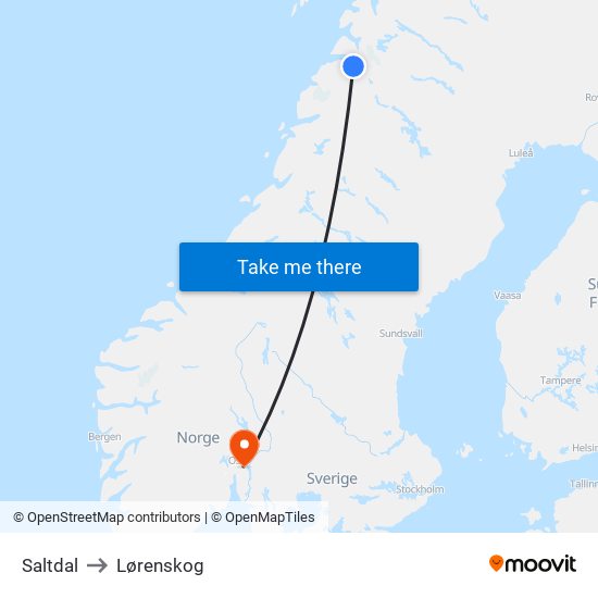 Saltdal to Lørenskog map