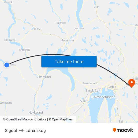 Sigdal to Lørenskog map