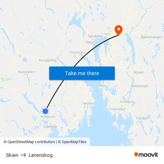 Skien to Lørenskog map