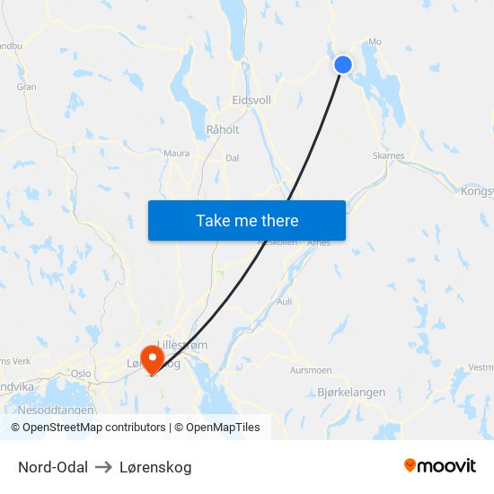 Nord-Odal to Lørenskog map