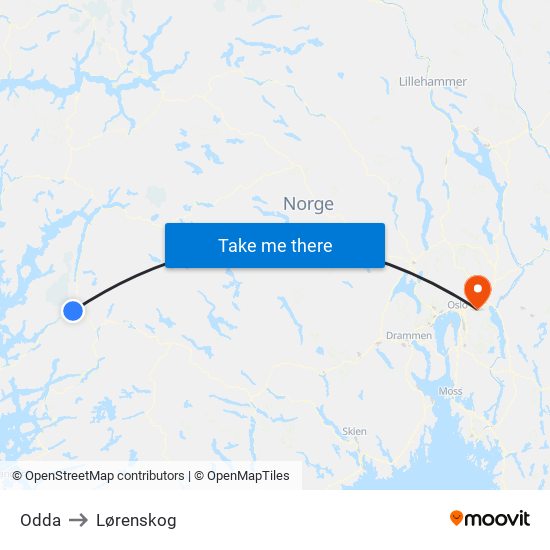 Odda to Lørenskog map