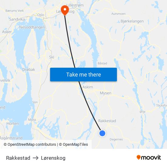 Rakkestad to Lørenskog map