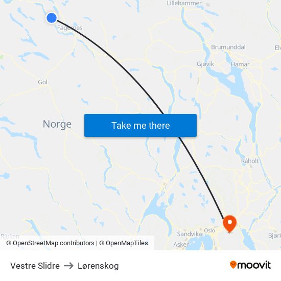 Vestre Slidre to Lørenskog map