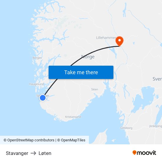 Stavanger to Løten map