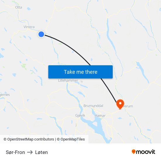 Sør-Fron to Løten map