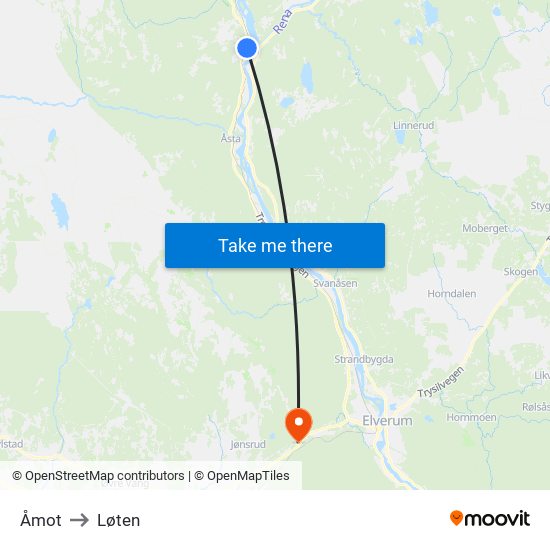 Åmot to Løten map