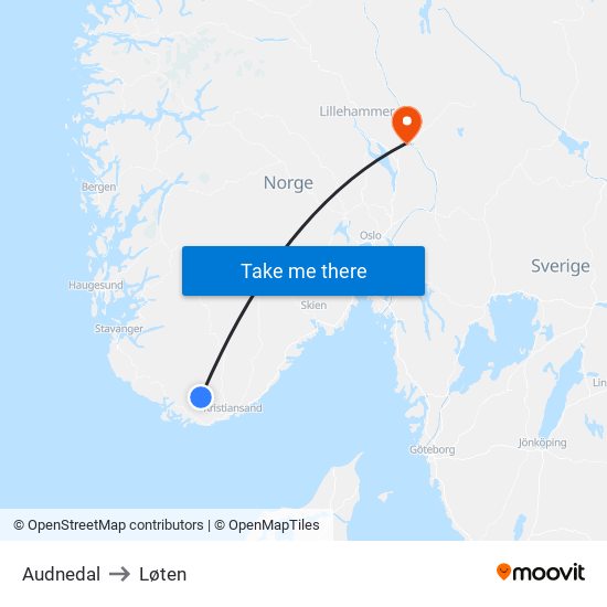 Audnedal to Løten map