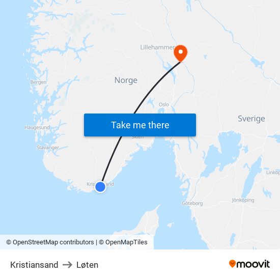 Kristiansand to Løten map