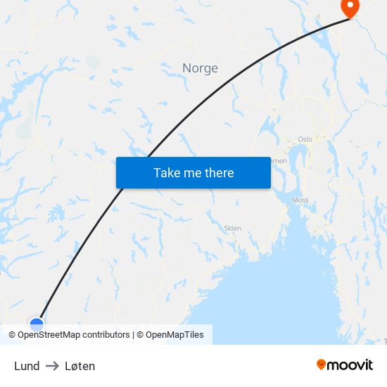 Lund to Løten map