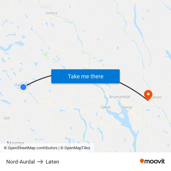 Nord-Aurdal to Løten map