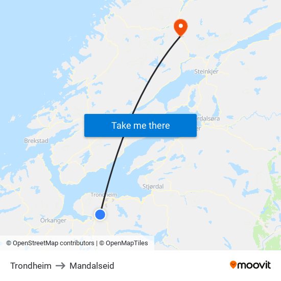 Trondheim to Mandalseid map