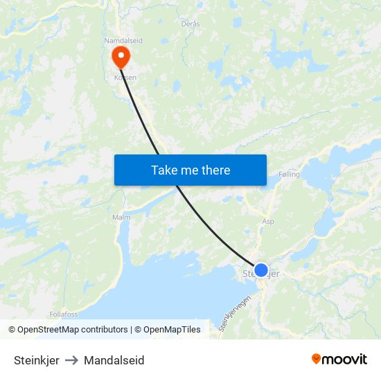 Steinkjer to Mandalseid map