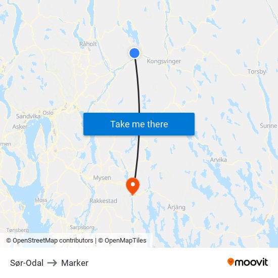 Sør-Odal to Marker map