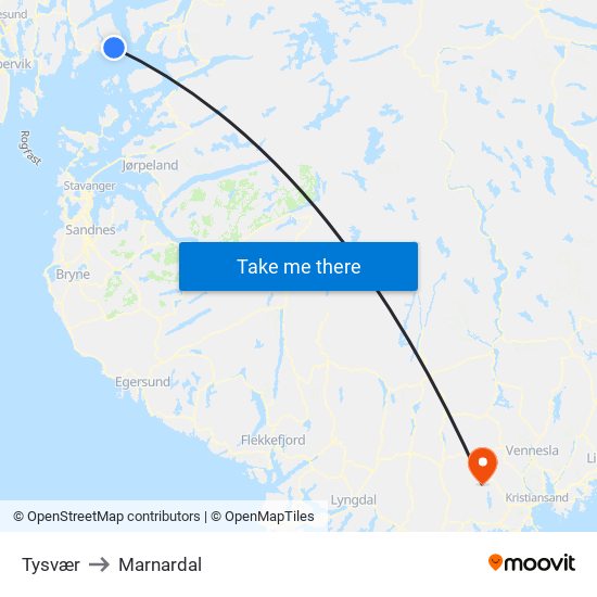 Tysvær to Marnardal map