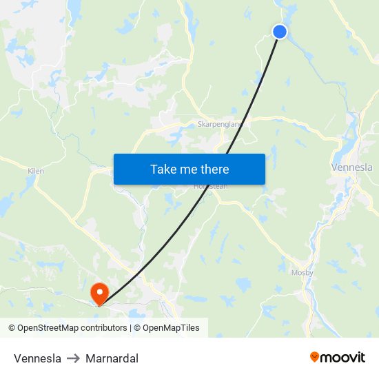 Vennesla to Marnardal map