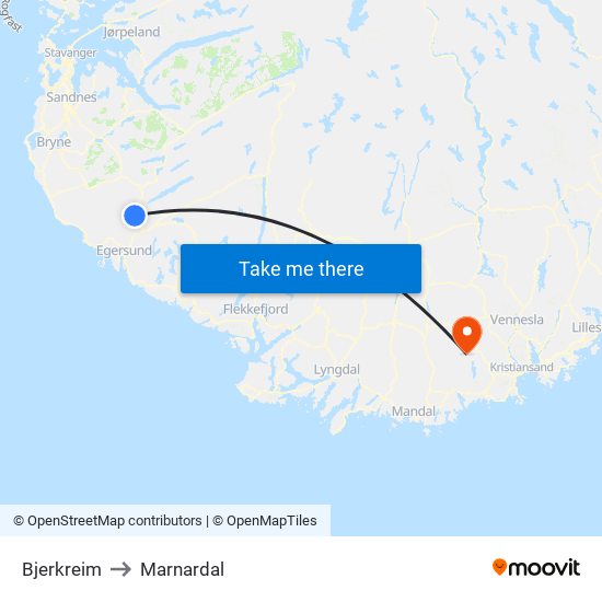 Bjerkreim to Marnardal map