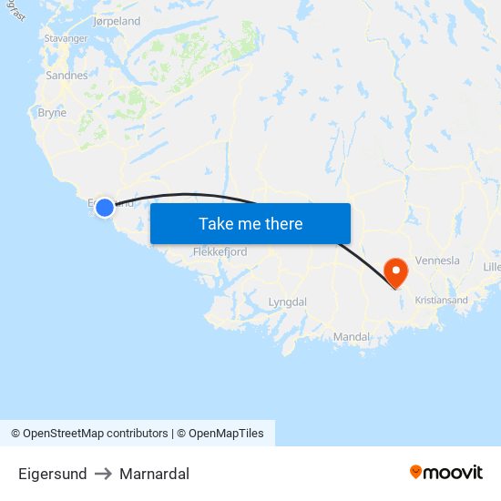 Eigersund to Marnardal map